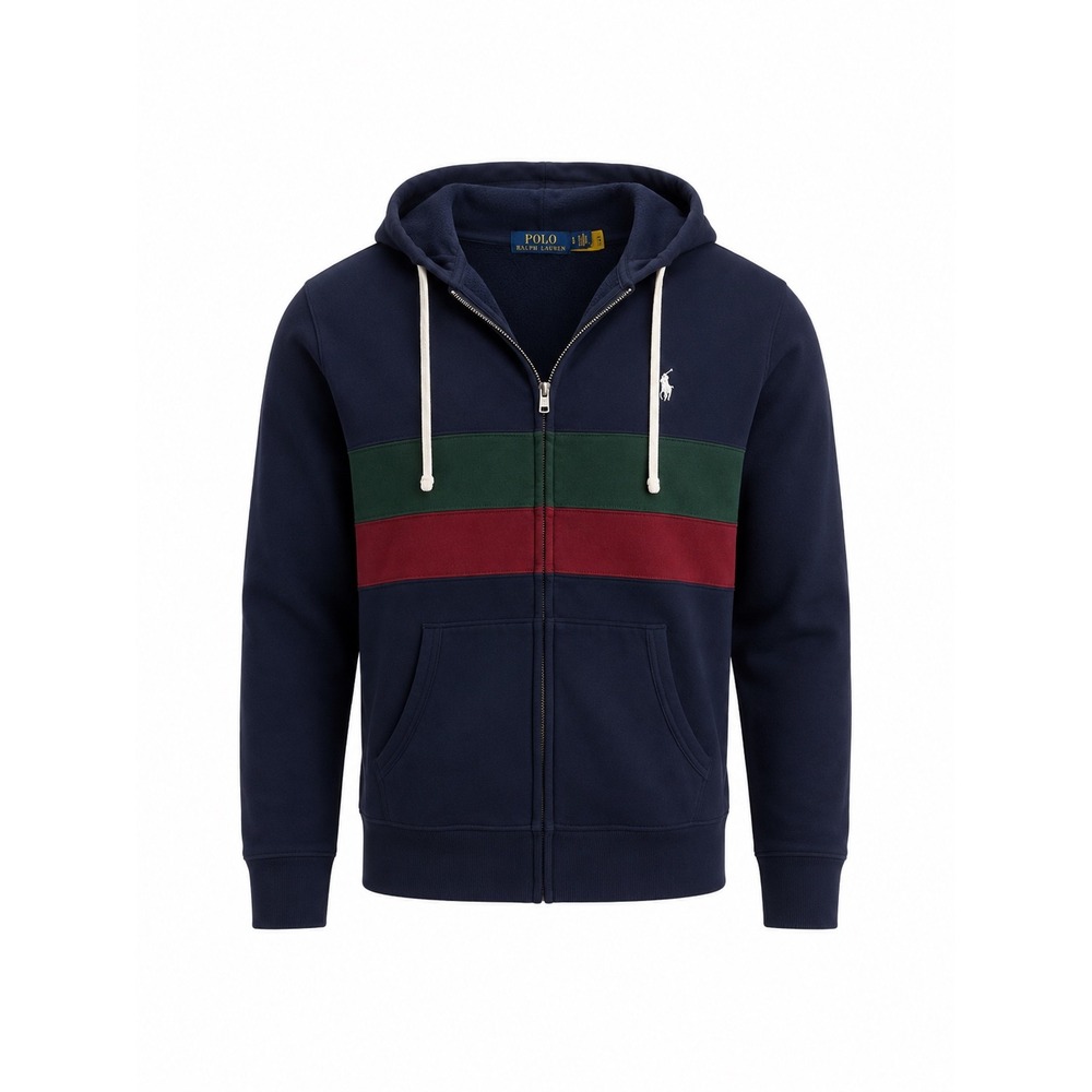 Polo Ralph Lauren Full Zip Hoodie Mens S Navy Blue Colorblock Stripe